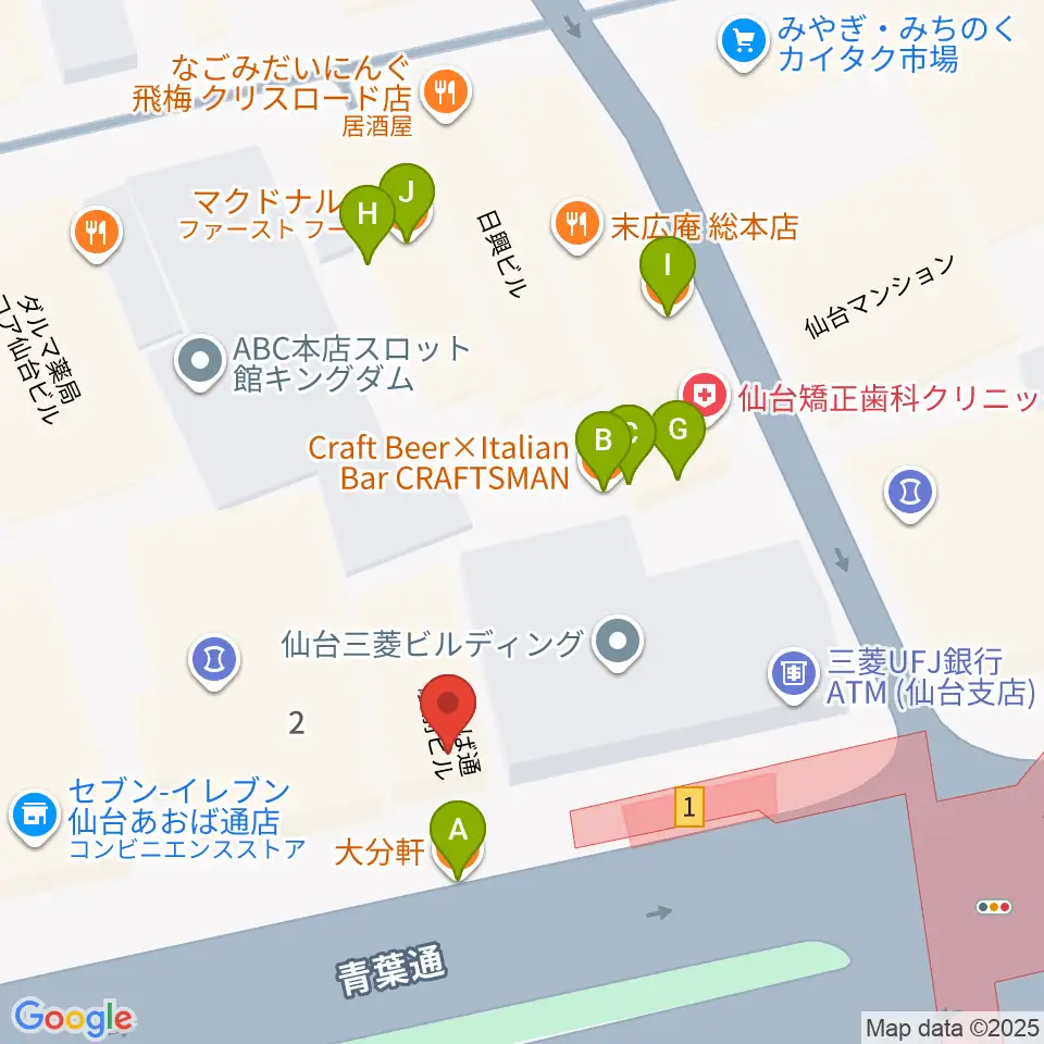 昭和音楽大学附属音楽教室 仙台校周辺のファミレス・ファーストフード一覧地図