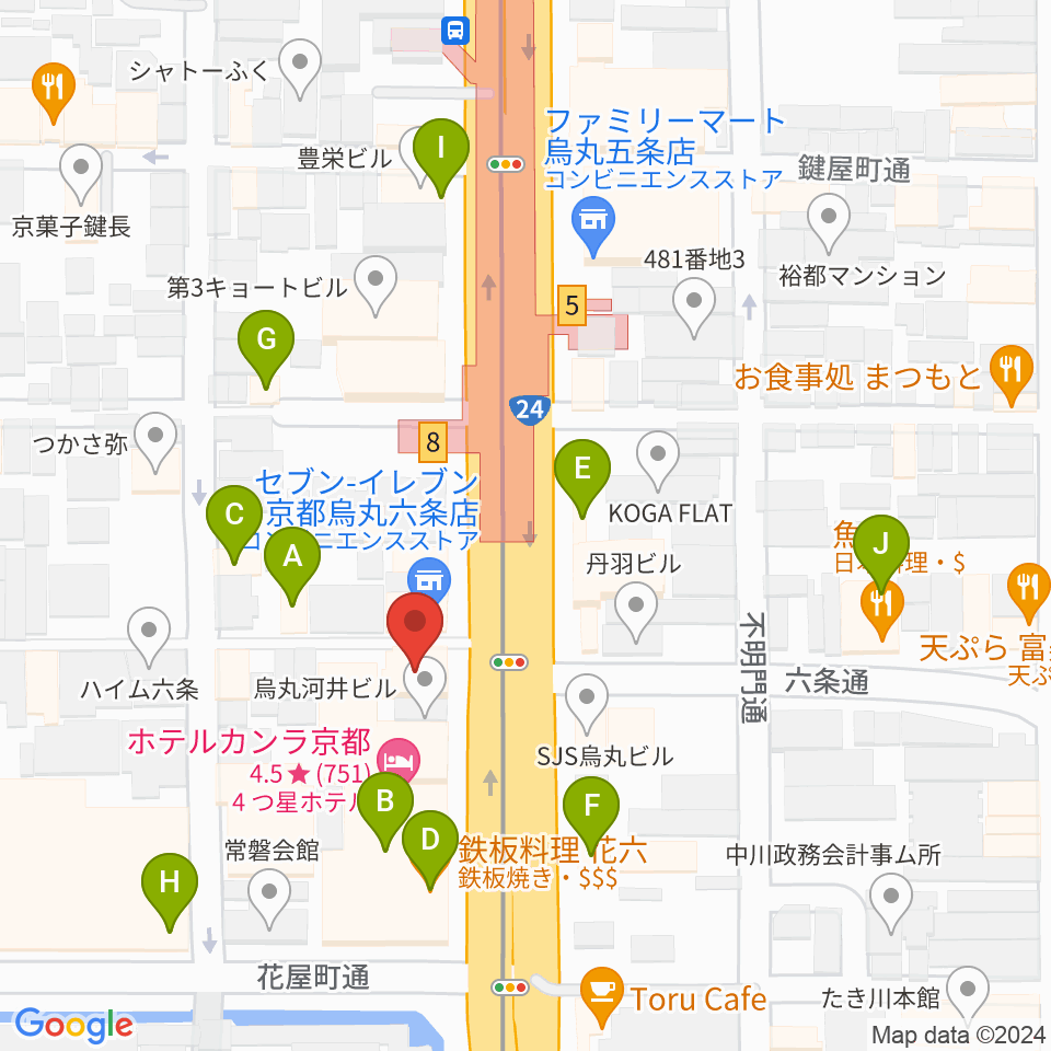京都 カノン音楽院周辺のファミレス・ファーストフード一覧地図