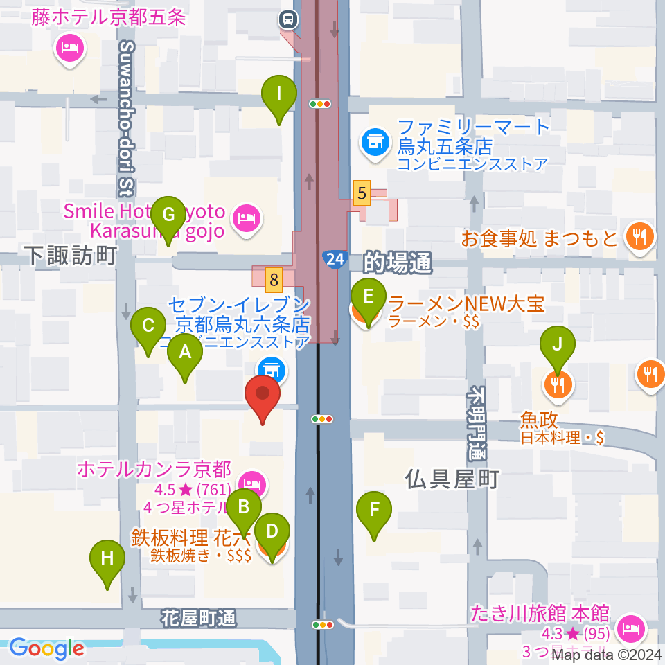 京都 カノン音楽院周辺のファミレス・ファーストフード一覧地図