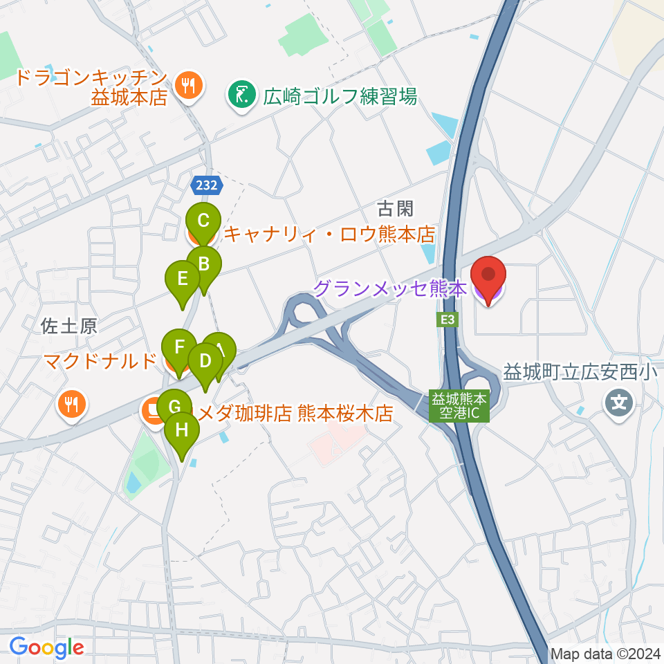 グランメッセ熊本周辺のファミレス・ファーストフード一覧地図