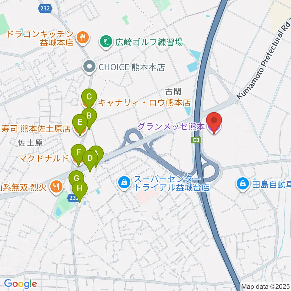 グランメッセ熊本周辺のファミレス・ファーストフード一覧地図
