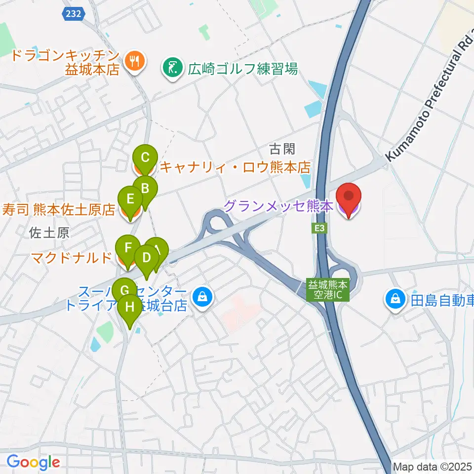 グランメッセ熊本周辺のファミレス・ファーストフード一覧地図