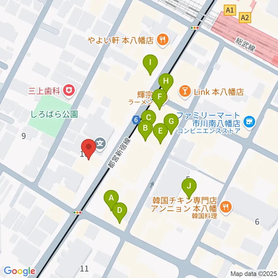 カノン音楽教室 本八幡校周辺のファミレス・ファーストフード一覧地図