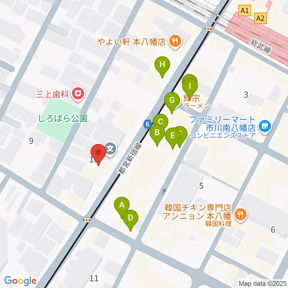 カノン音楽教室 本八幡校周辺のファミレス・ファーストフード一覧地図