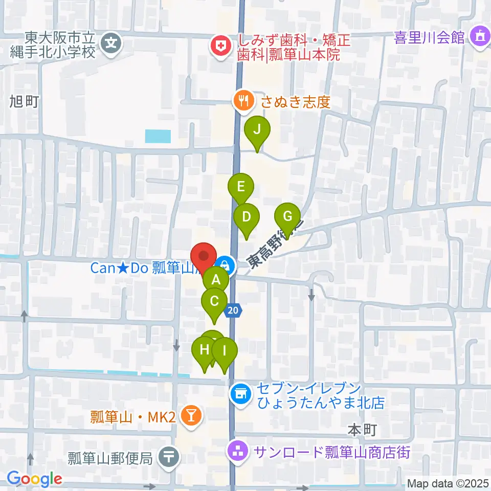 小阪楽器店 瓢箪山センター周辺のファミレス・ファーストフード一覧地図