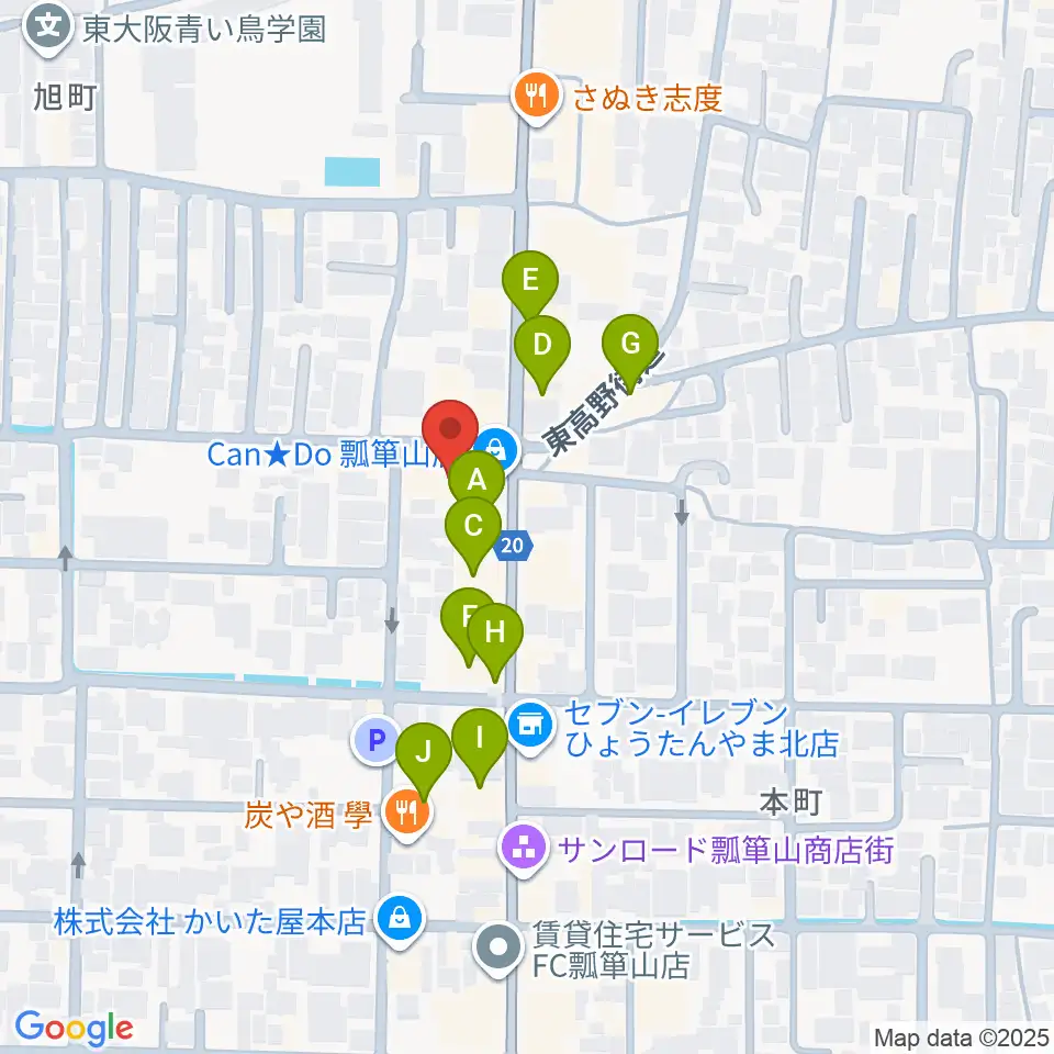 小阪楽器店 瓢箪山センター周辺のファミレス・ファーストフード一覧地図