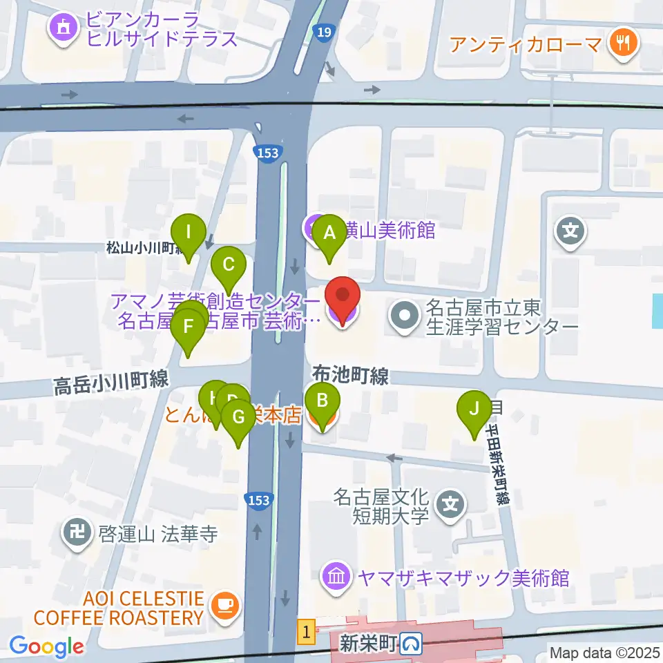 アマノ芸術創造センター名古屋周辺のファミレス・ファーストフード一覧地図