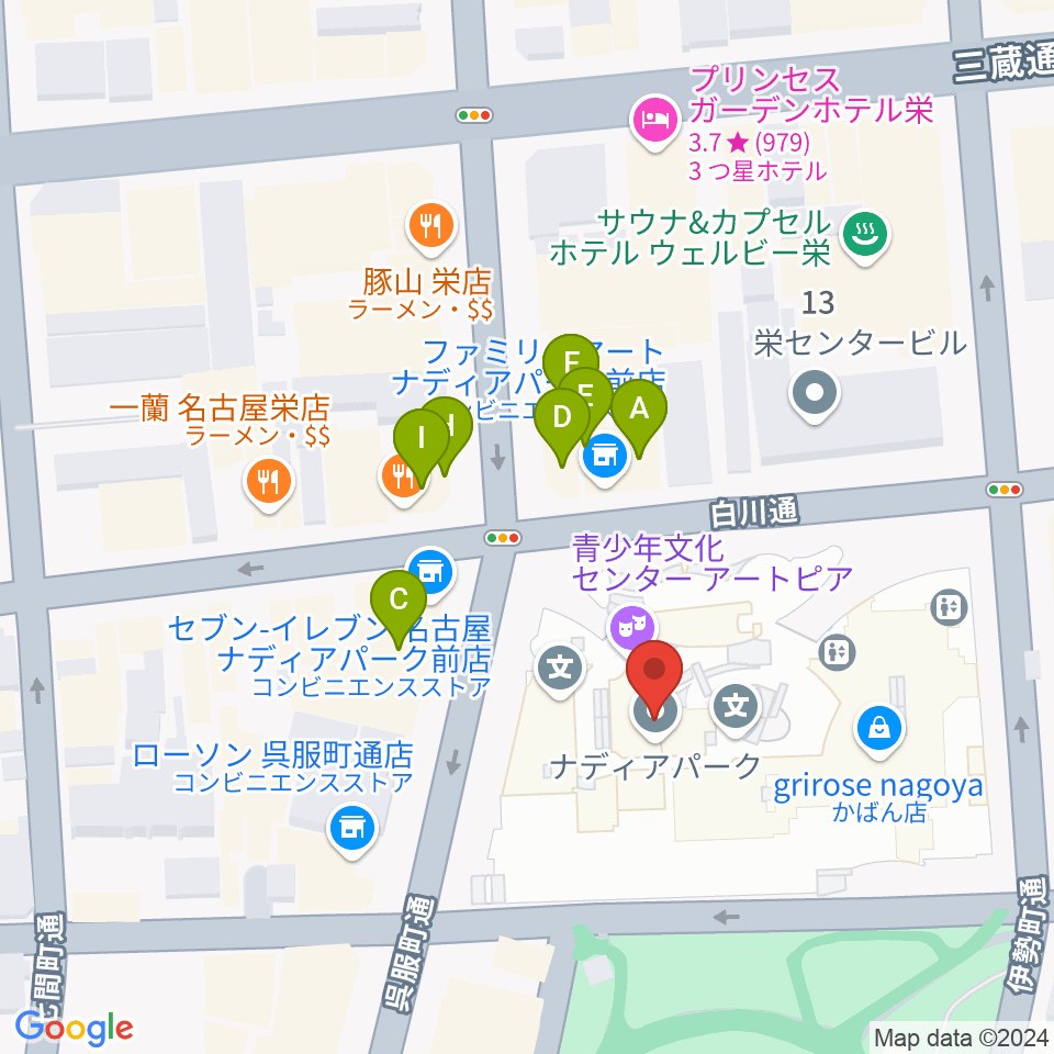 名古屋市青少年文化センター アートピア周辺のファミレス・ファーストフード一覧地図