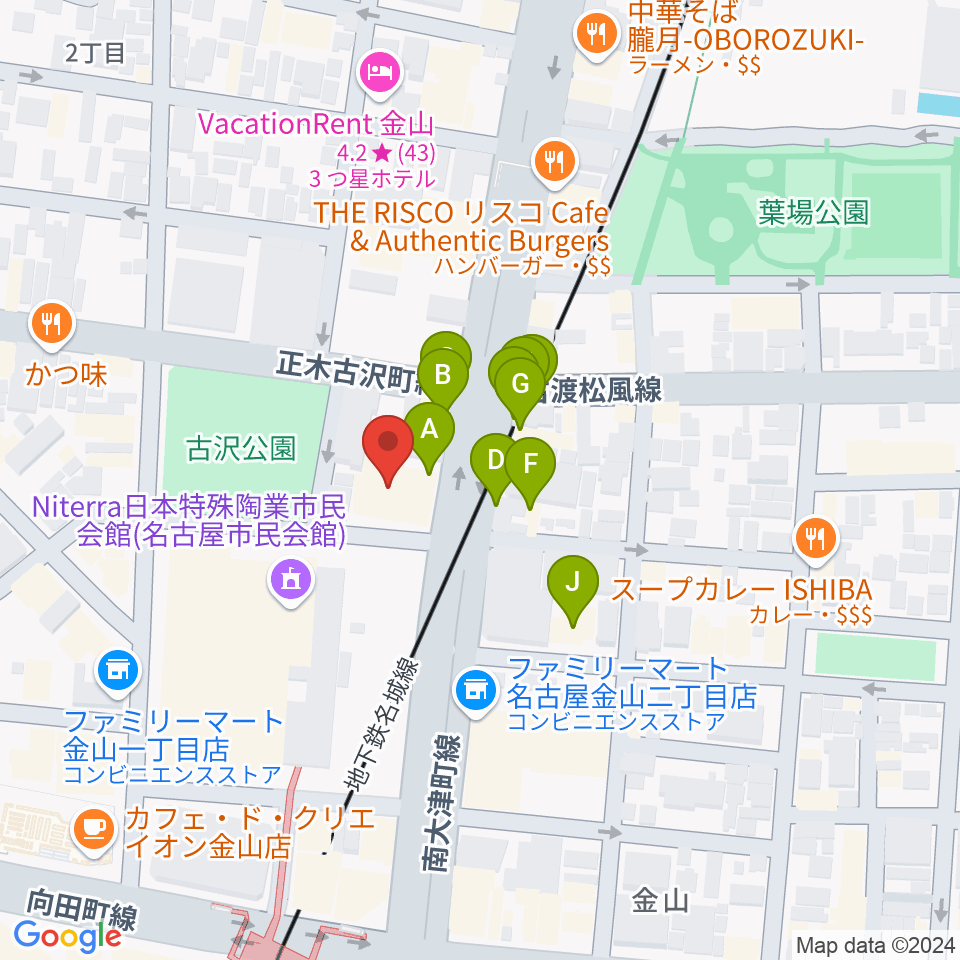 名古屋市音楽プラザ周辺のファミレス・ファーストフード一覧地図