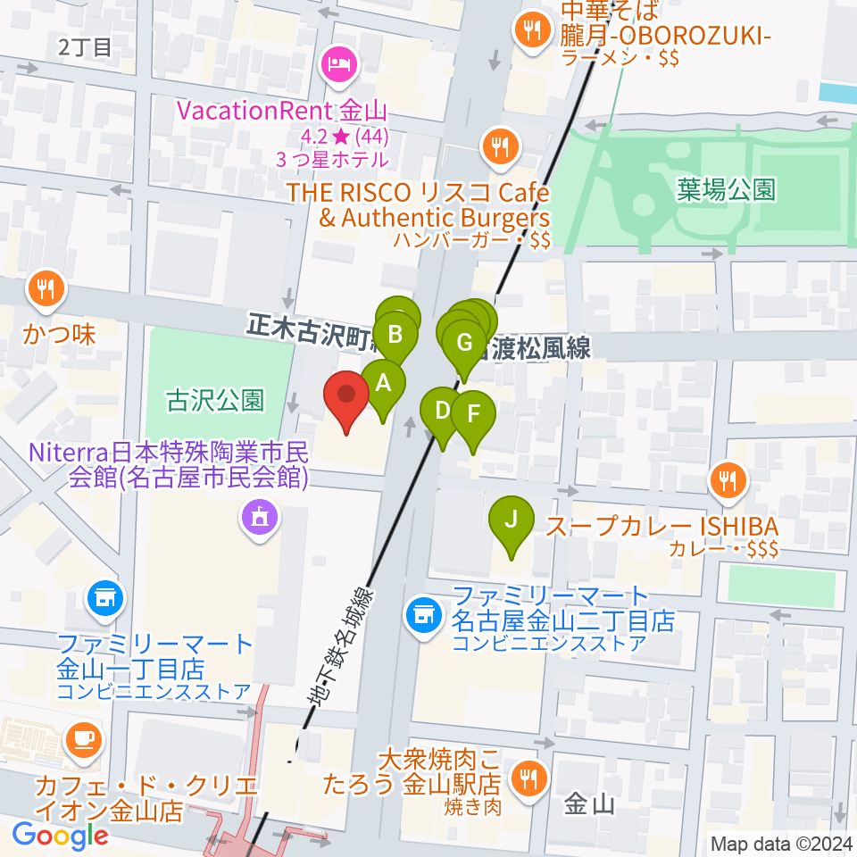 名古屋市音楽プラザ周辺のファミレス・ファーストフード一覧地図