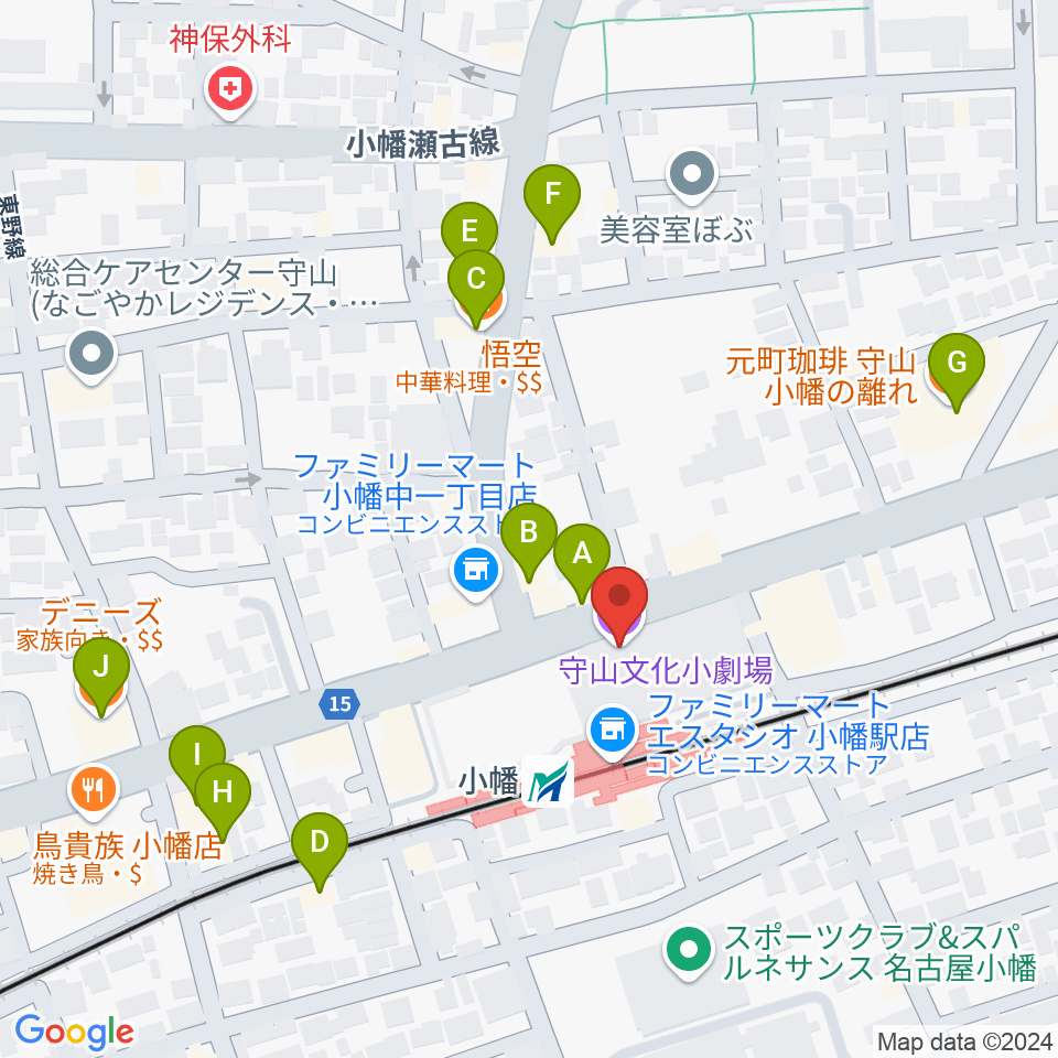 守山文化小劇場周辺のファミレス・ファーストフード一覧地図