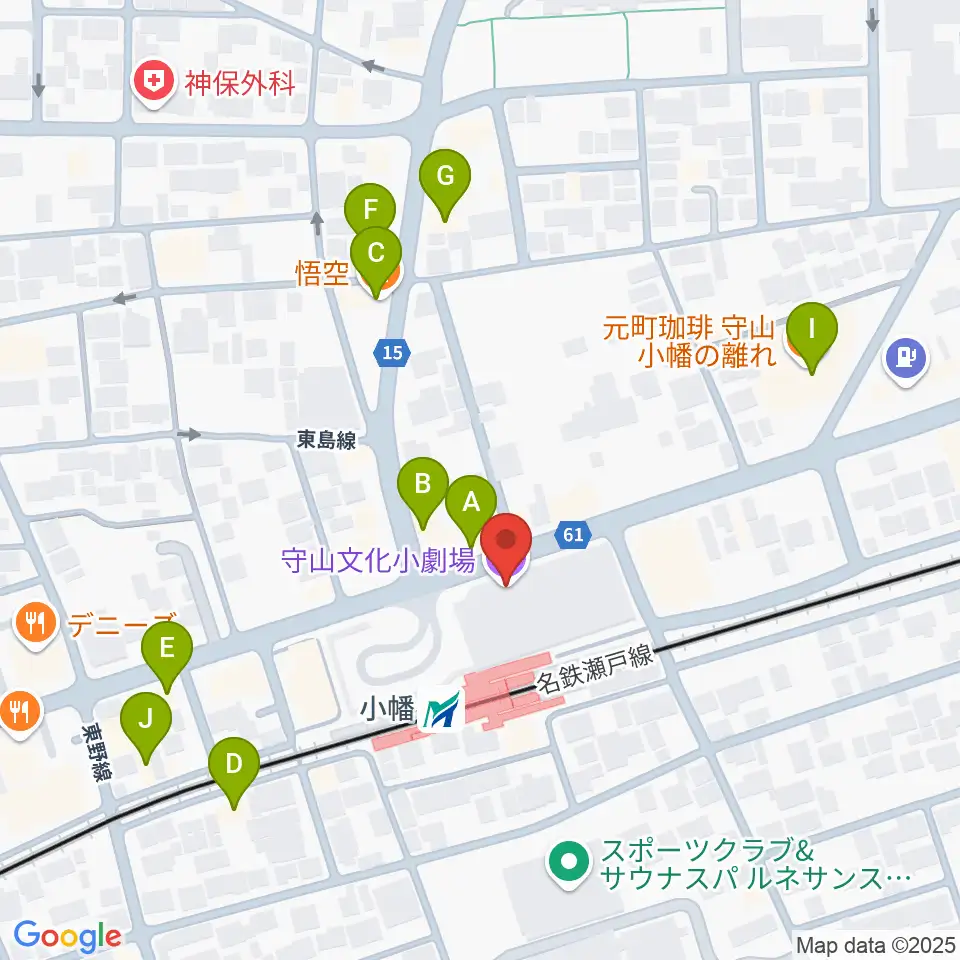 守山文化小劇場周辺のファミレス・ファーストフード一覧地図