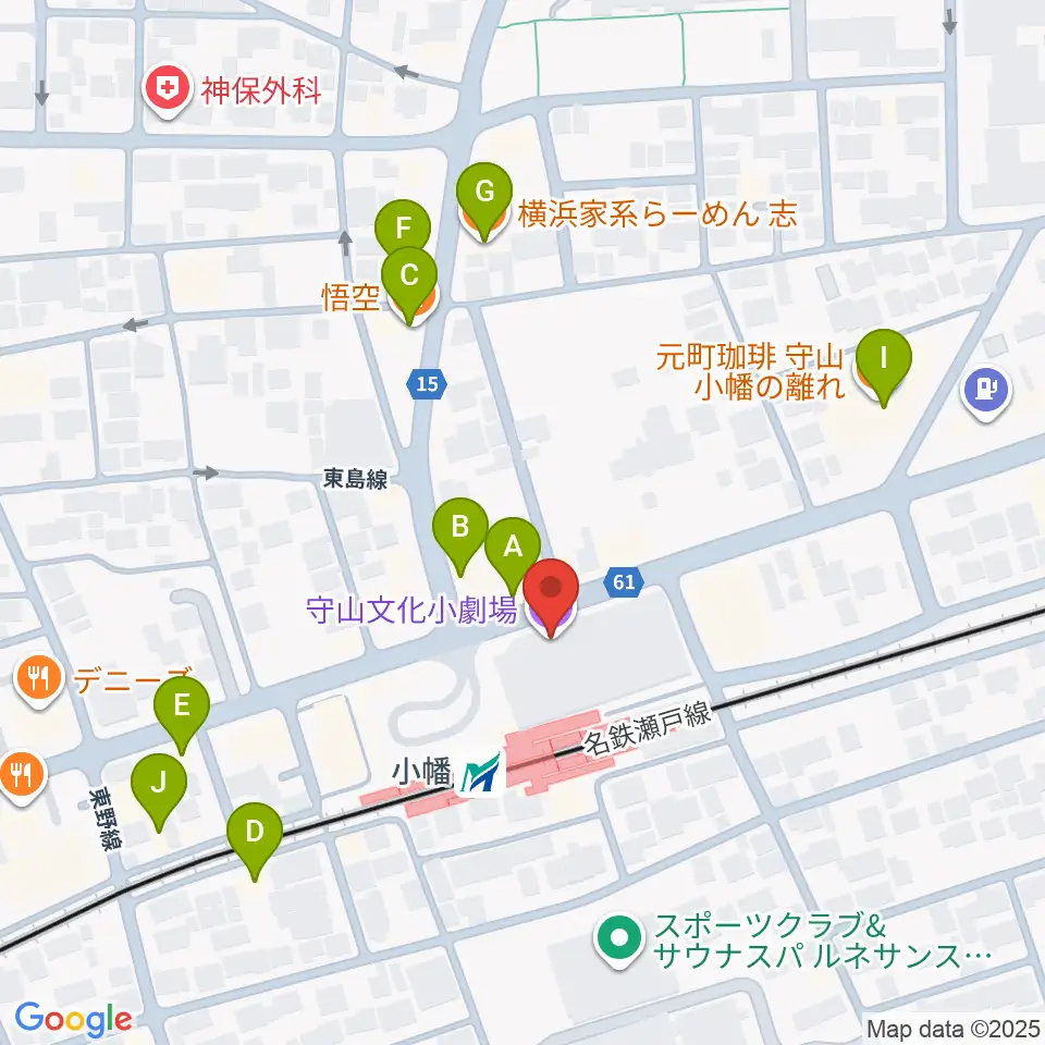 守山文化小劇場周辺のファミレス・ファーストフード一覧地図