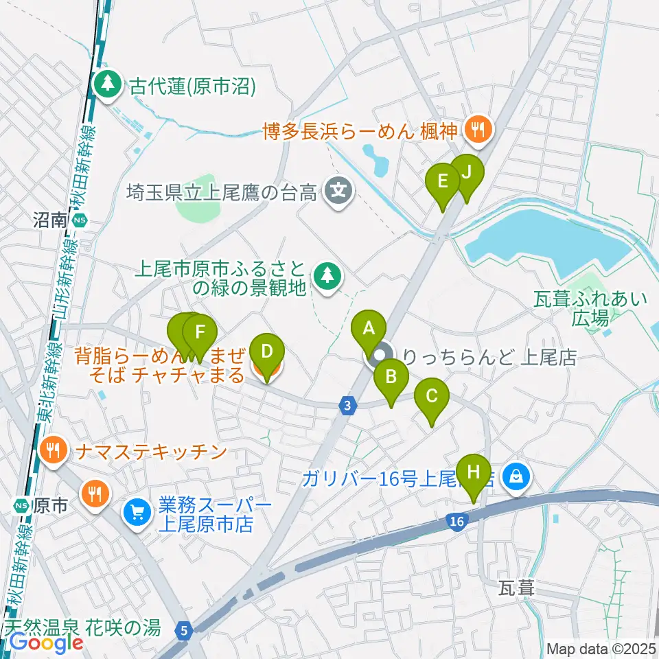 音気楽スタジオ 上尾ドラム教室周辺のファミレス・ファーストフード一覧地図