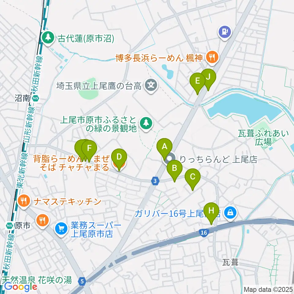 音気楽スタジオ 上尾ドラム教室周辺のファミレス・ファーストフード一覧地図