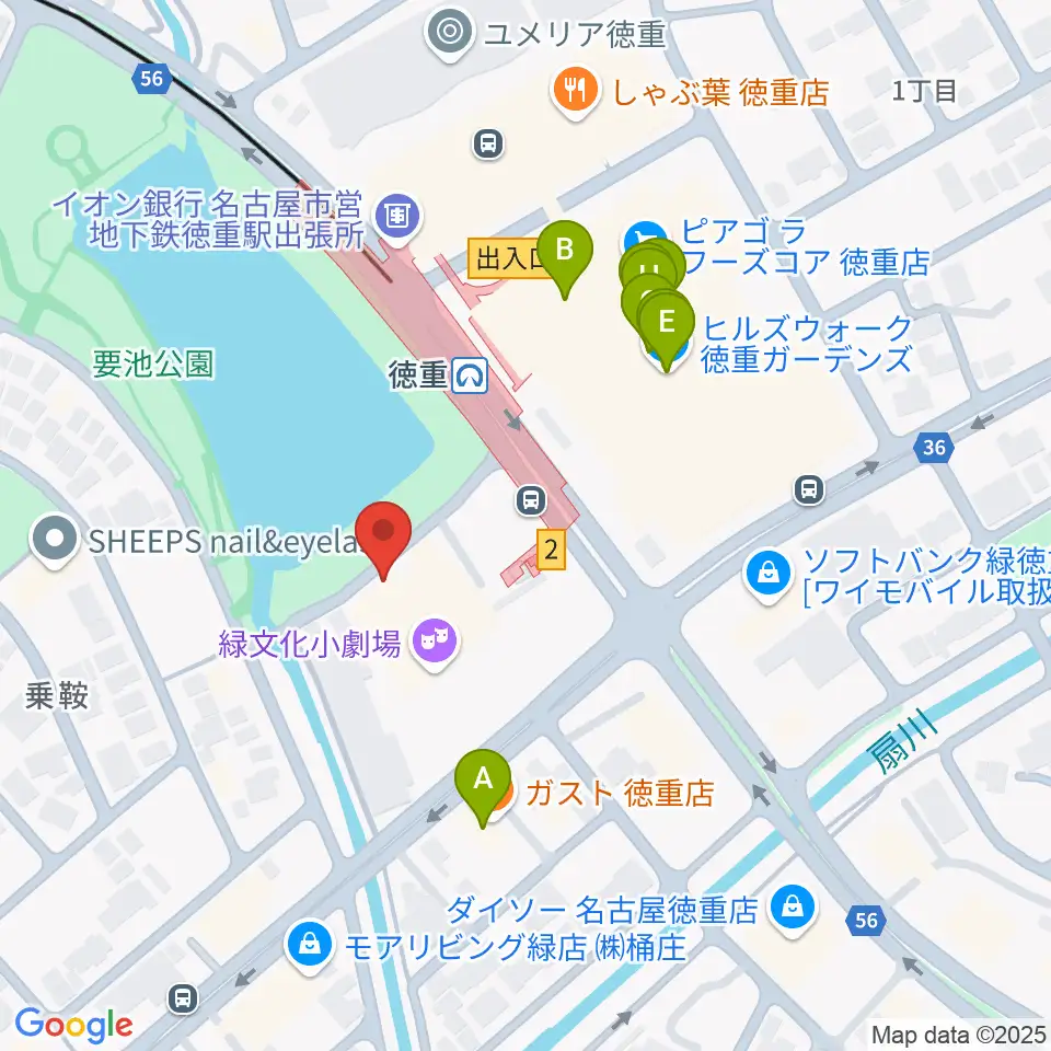緑文化小劇場周辺のファミレス・ファーストフード一覧地図