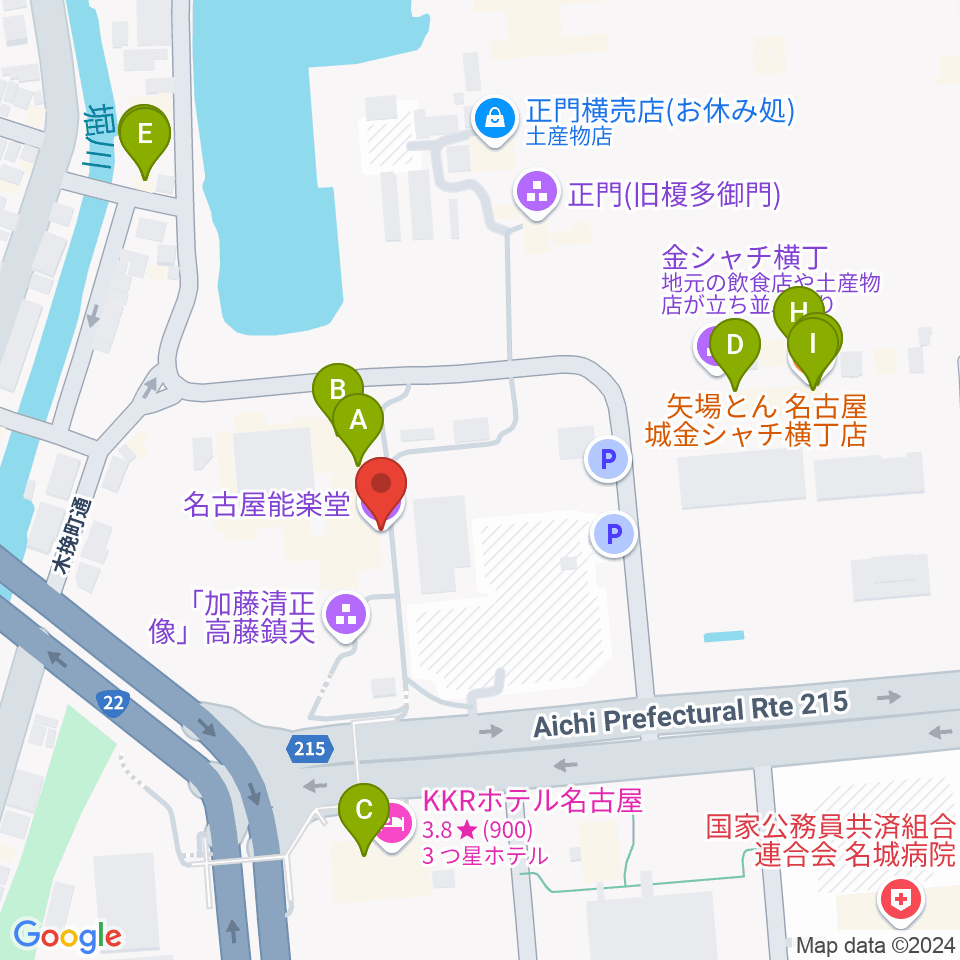 名古屋能楽堂周辺のファミレス・ファーストフード一覧地図