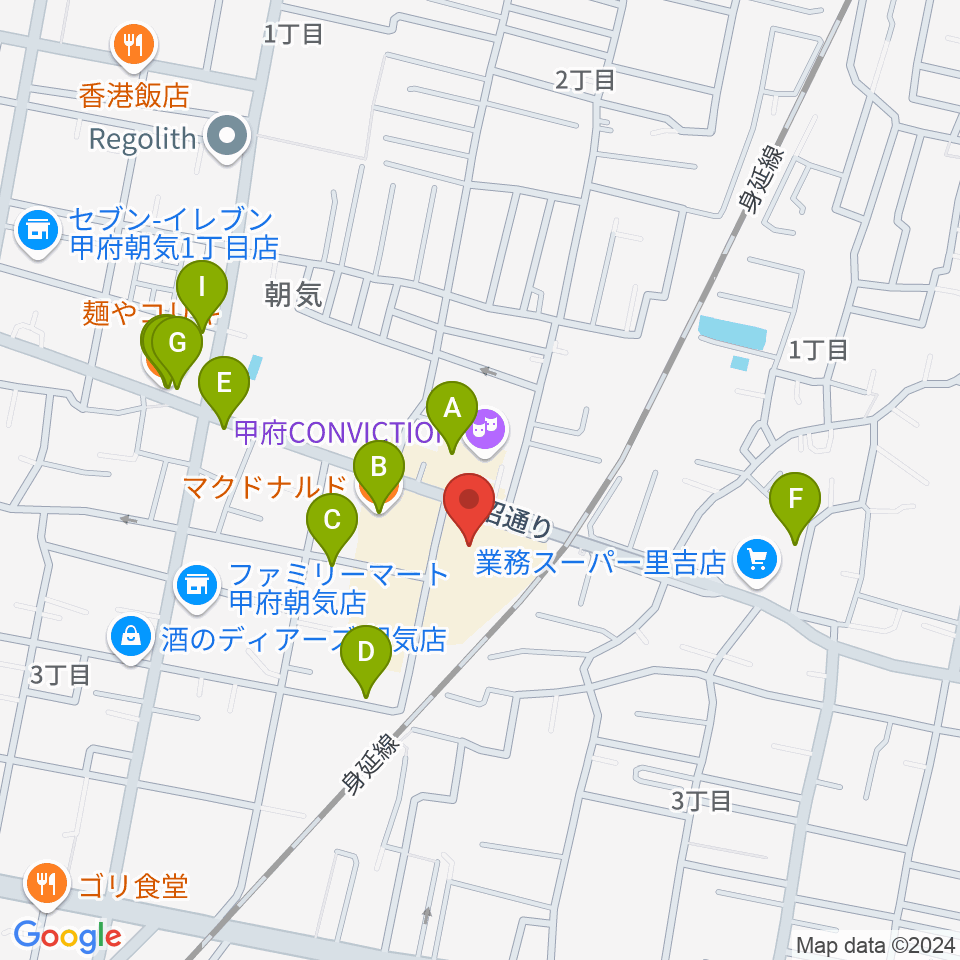 内藤楽器 甲府東センター周辺のファミレス・ファーストフード一覧地図