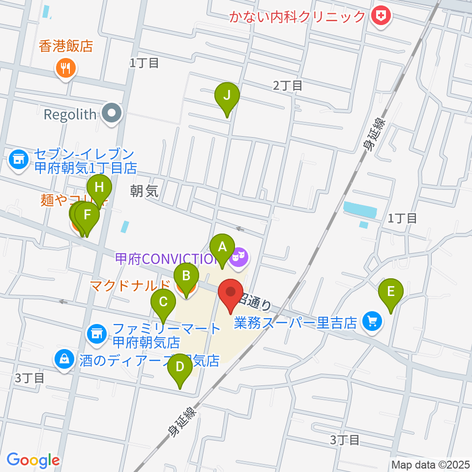 内藤楽器 甲府東センター周辺のファミレス・ファーストフード一覧地図