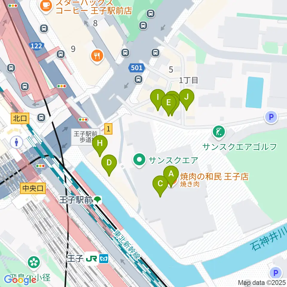 エークラスミュージック 王子センター周辺のファミレス・ファーストフード一覧地図