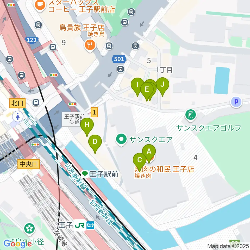 エークラスミュージック 王子センター周辺のファミレス・ファーストフード一覧地図