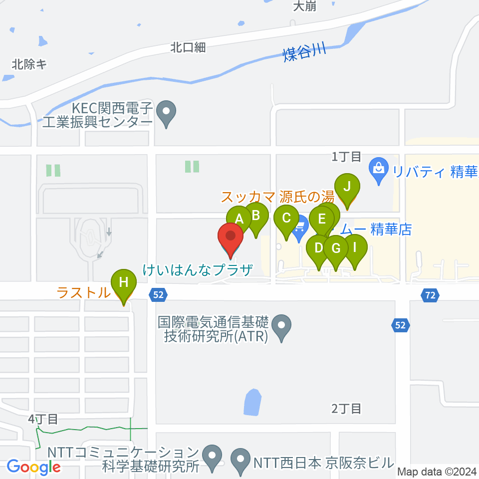 けいはんなプラザ周辺のファミレス・ファーストフード一覧地図