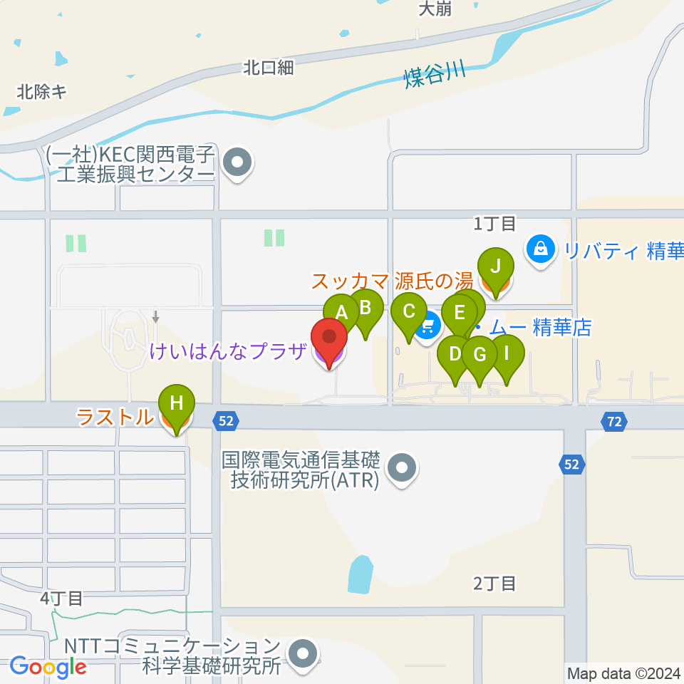 けいはんなプラザ周辺のファミレス・ファーストフード一覧地図