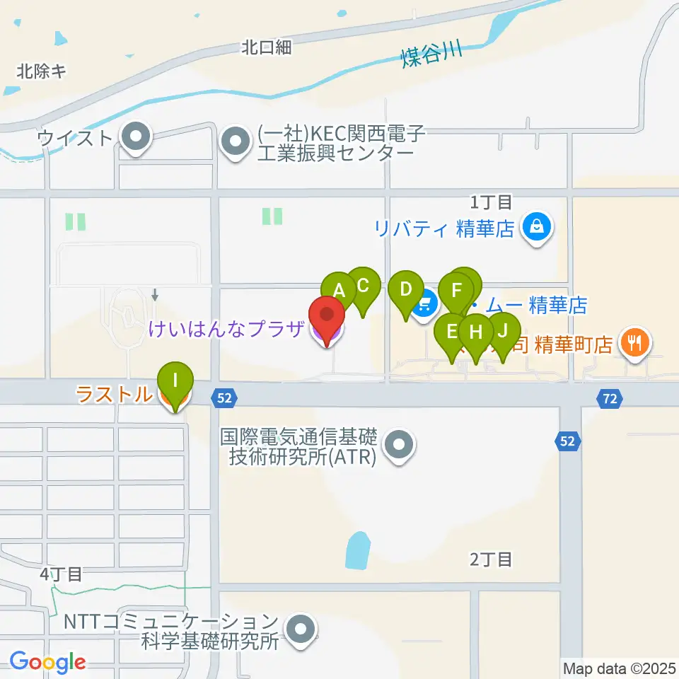 けいはんなプラザ周辺のファミレス・ファーストフード一覧地図