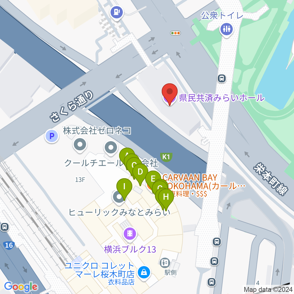 県民共済みらいホール周辺のファミレス・ファーストフード一覧地図