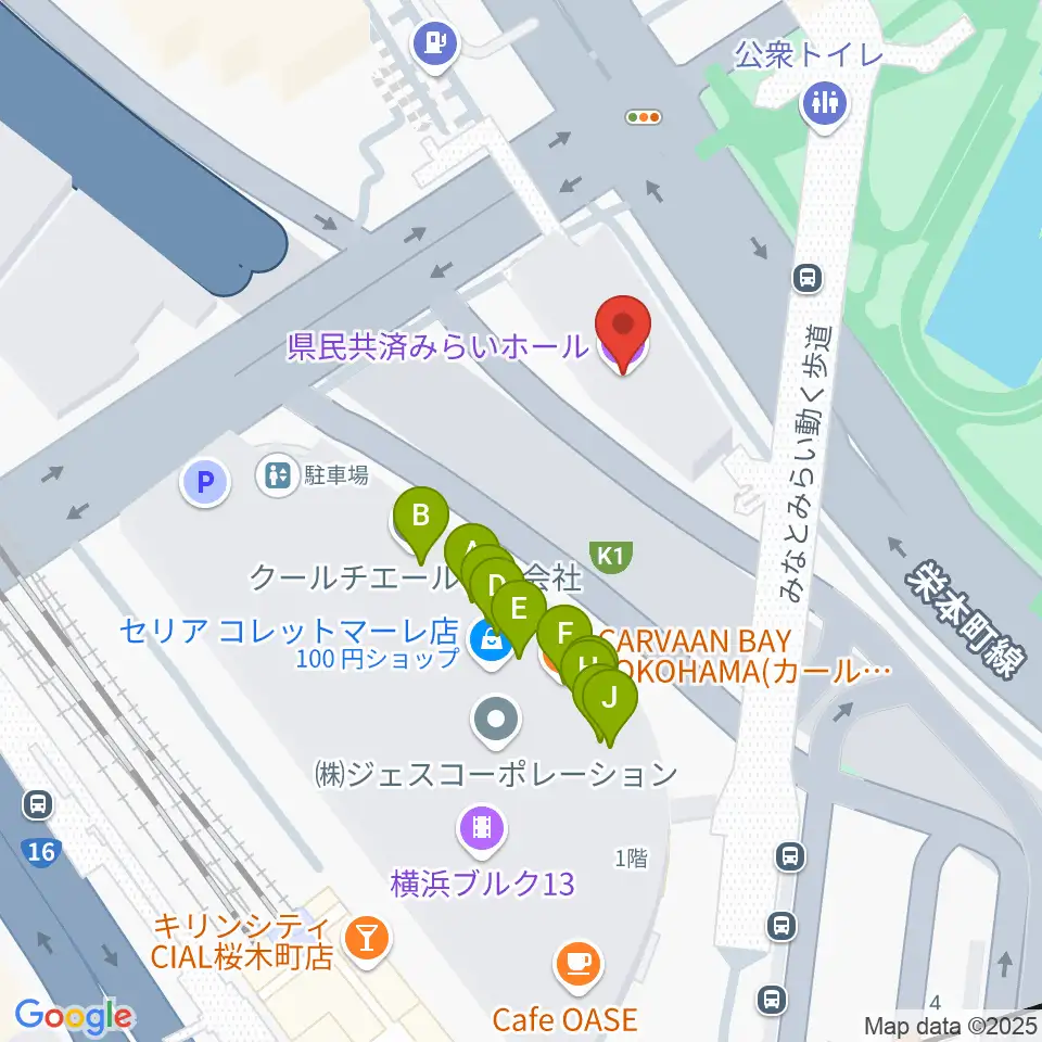 県民共済みらいホール周辺のファミレス・ファーストフード一覧地図