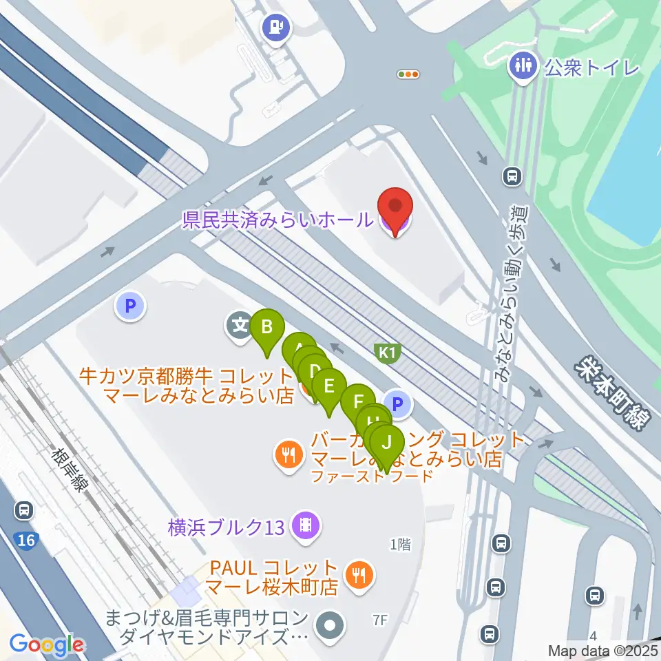 県民共済みらいホール周辺のファミレス・ファーストフード一覧地図