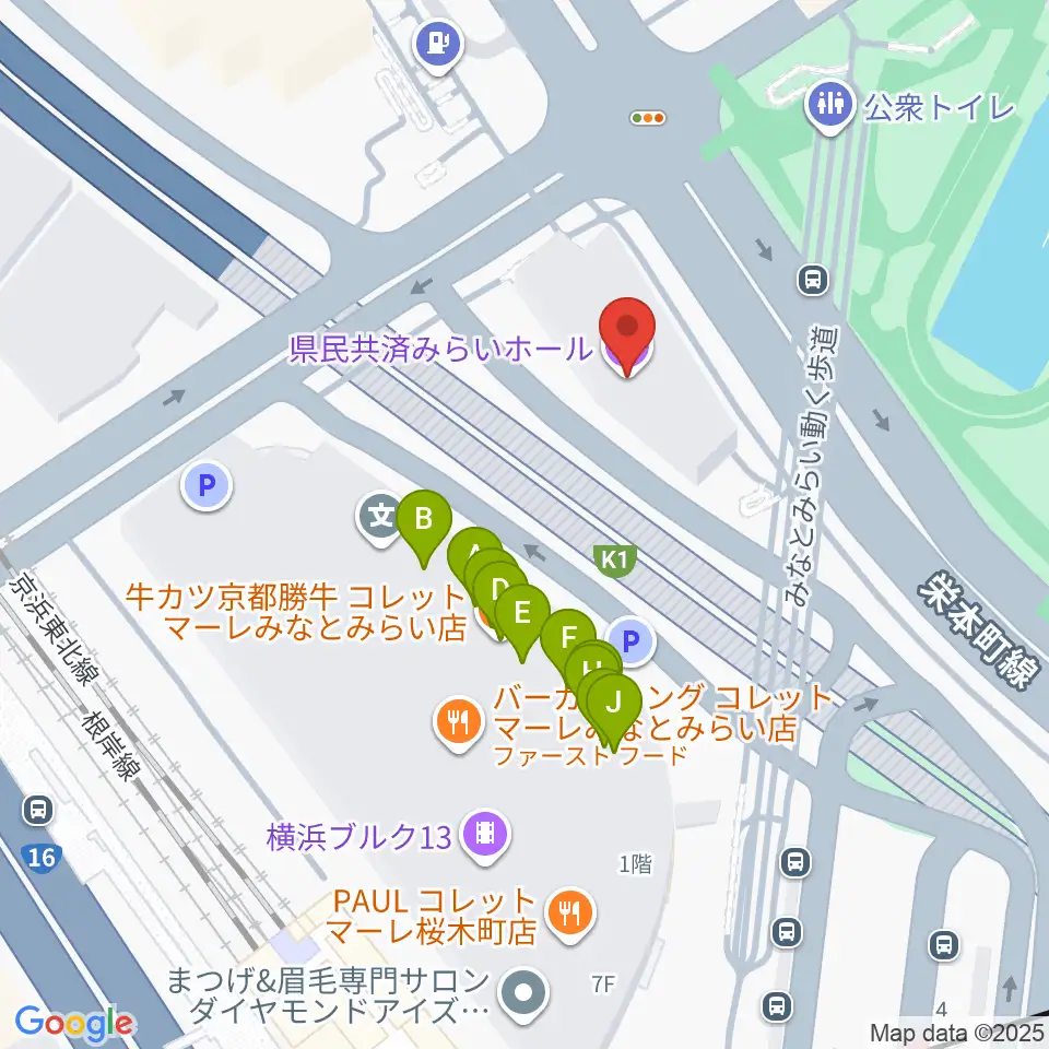 県民共済みらいホール周辺のファミレス・ファーストフード一覧地図