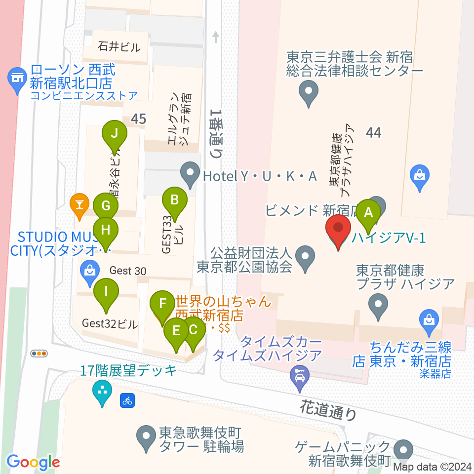 新宿ハイジアV-1周辺のファミレス・ファーストフード一覧地図