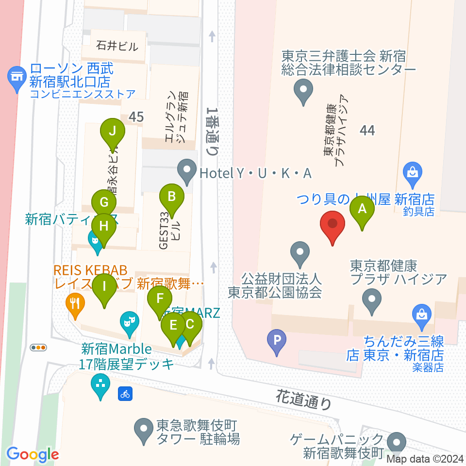 新宿ハイジアV-1周辺のファミレス・ファーストフード一覧地図