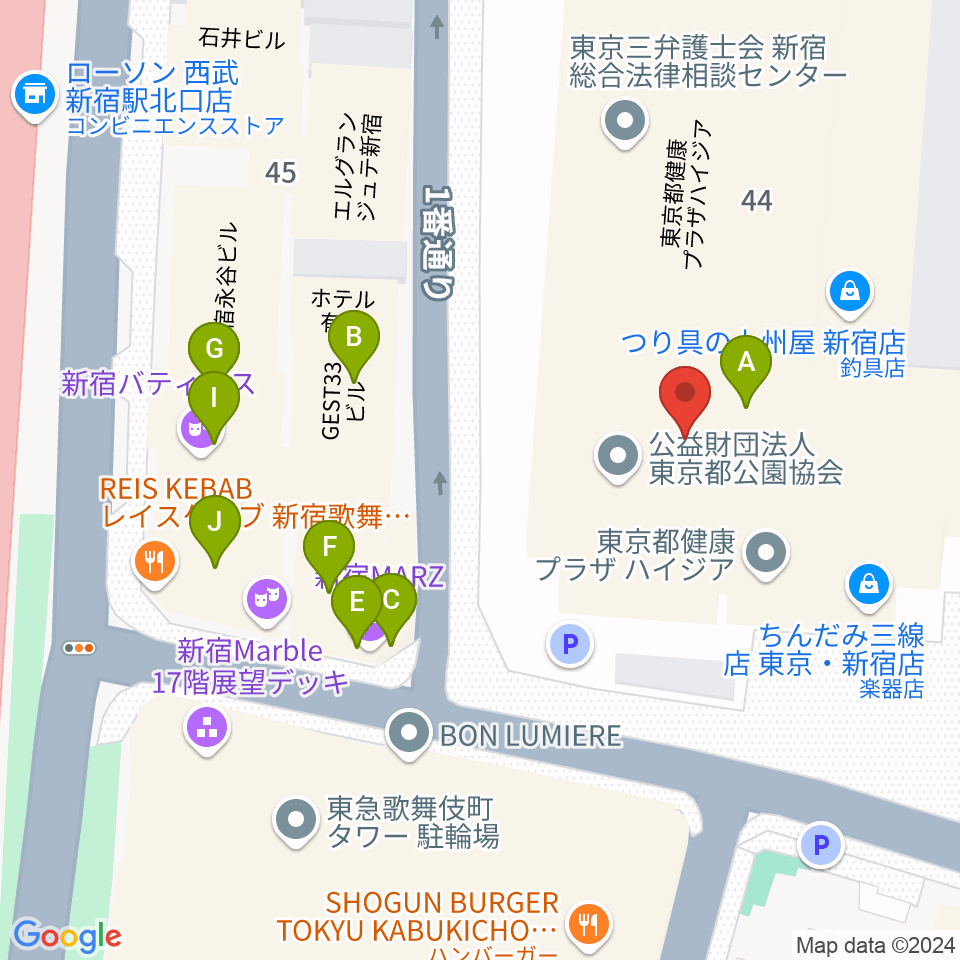 新宿ハイジアV-1周辺のファミレス・ファーストフード一覧地図