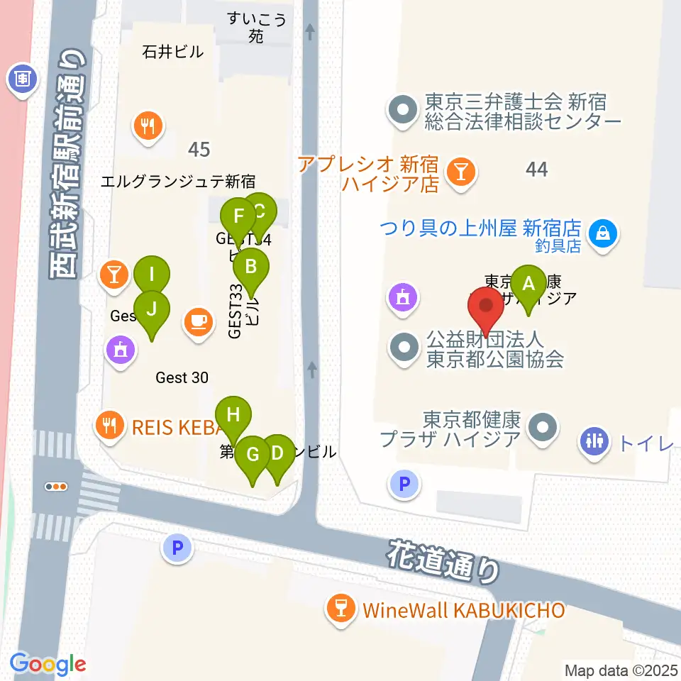 新宿ハイジアV-1周辺のファミレス・ファーストフード一覧地図