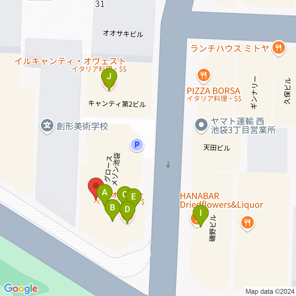 池袋西口GEKIBA周辺のファミレス・ファーストフード一覧地図