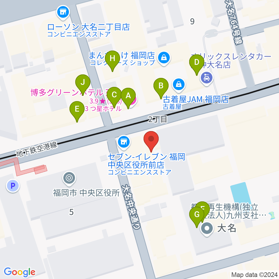 福岡Queblick周辺のファミレス・ファーストフード一覧地図