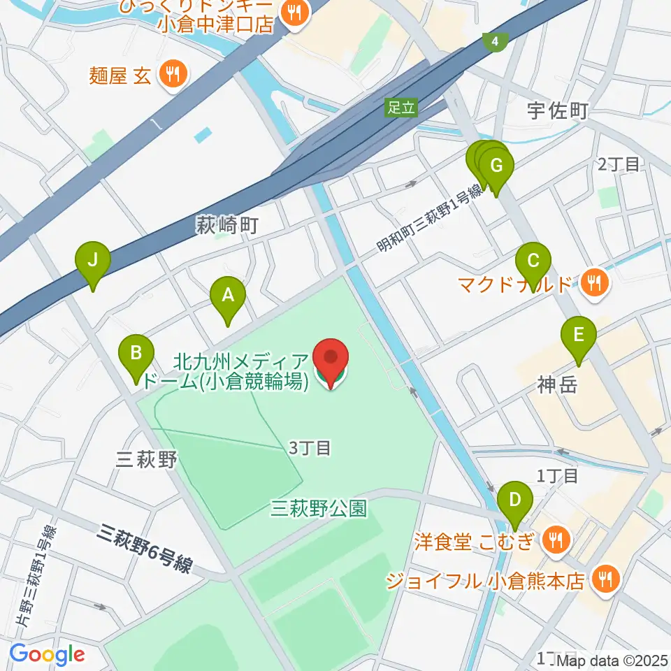 北九州メディアドーム周辺のファミレス・ファーストフード一覧地図