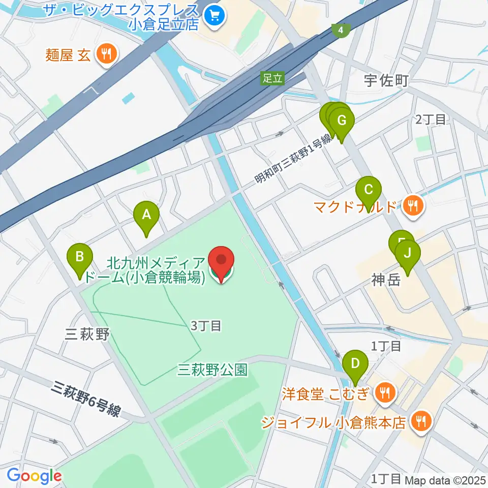 北九州メディアドーム周辺のファミレス・ファーストフード一覧地図