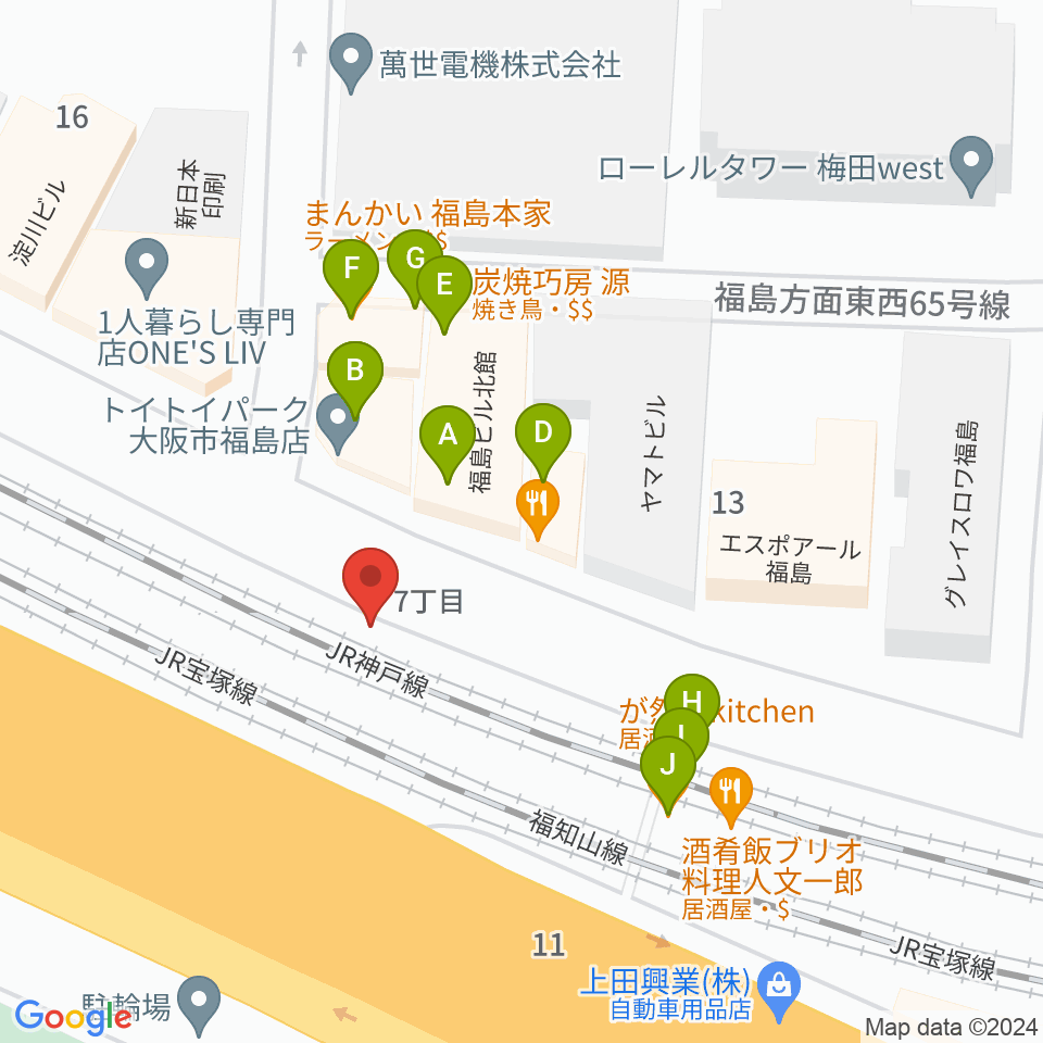 大阪福島セカンドライン周辺のファミレス・ファーストフード一覧地図