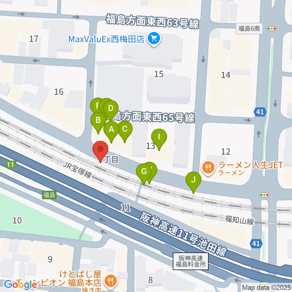 大阪福島セカンドライン周辺のファミレス・ファーストフード一覧地図
