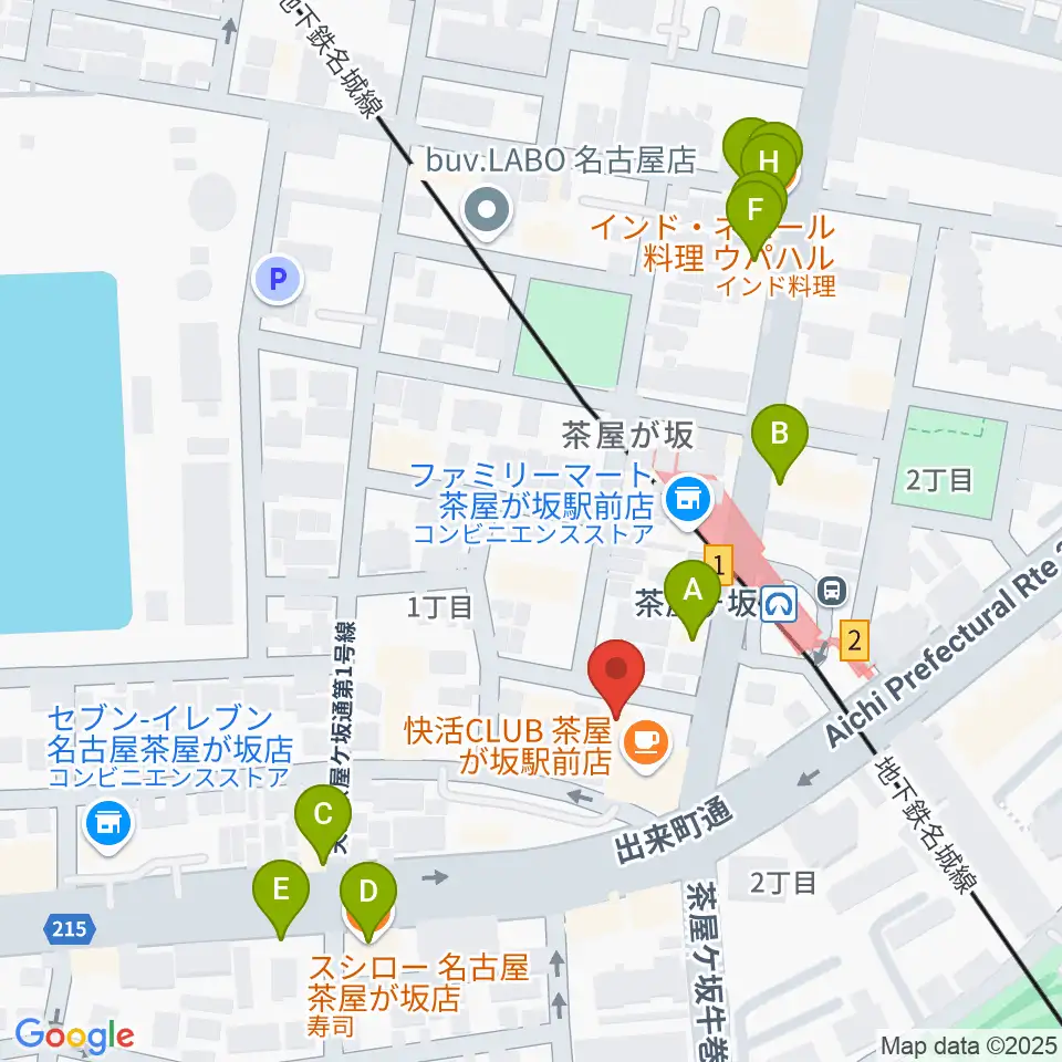 親和楽器 グランドピアノ練習室周辺のファミレス・ファーストフード一覧地図
