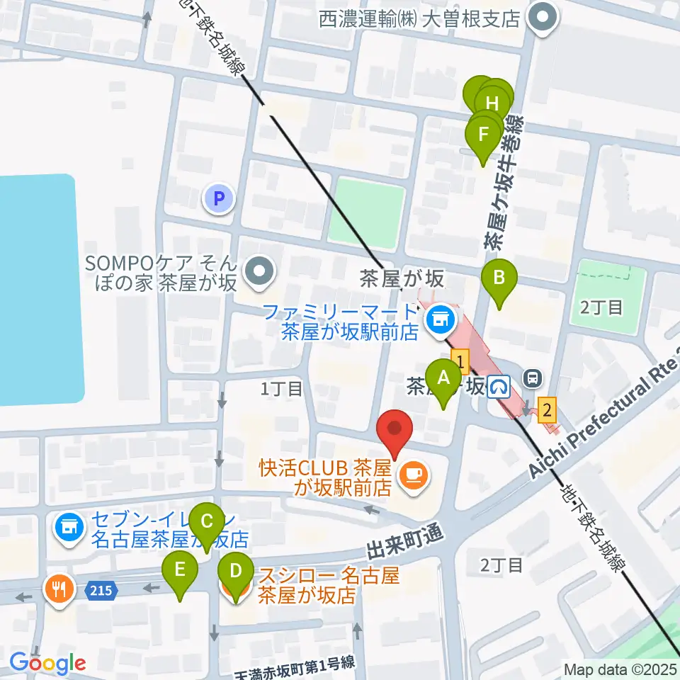親和楽器 グランドピアノ練習室周辺のファミレス・ファーストフード一覧地図
