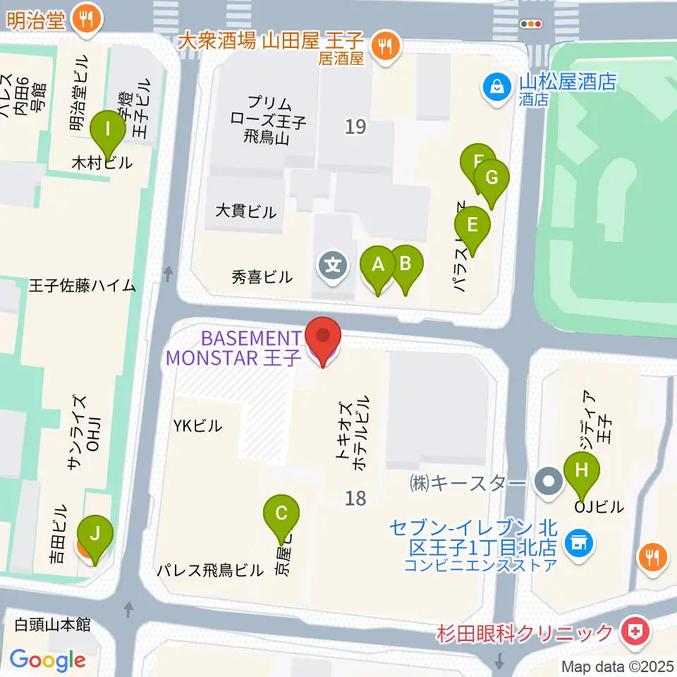 王子ベースメントモンスター周辺のファミレス・ファーストフード一覧地図