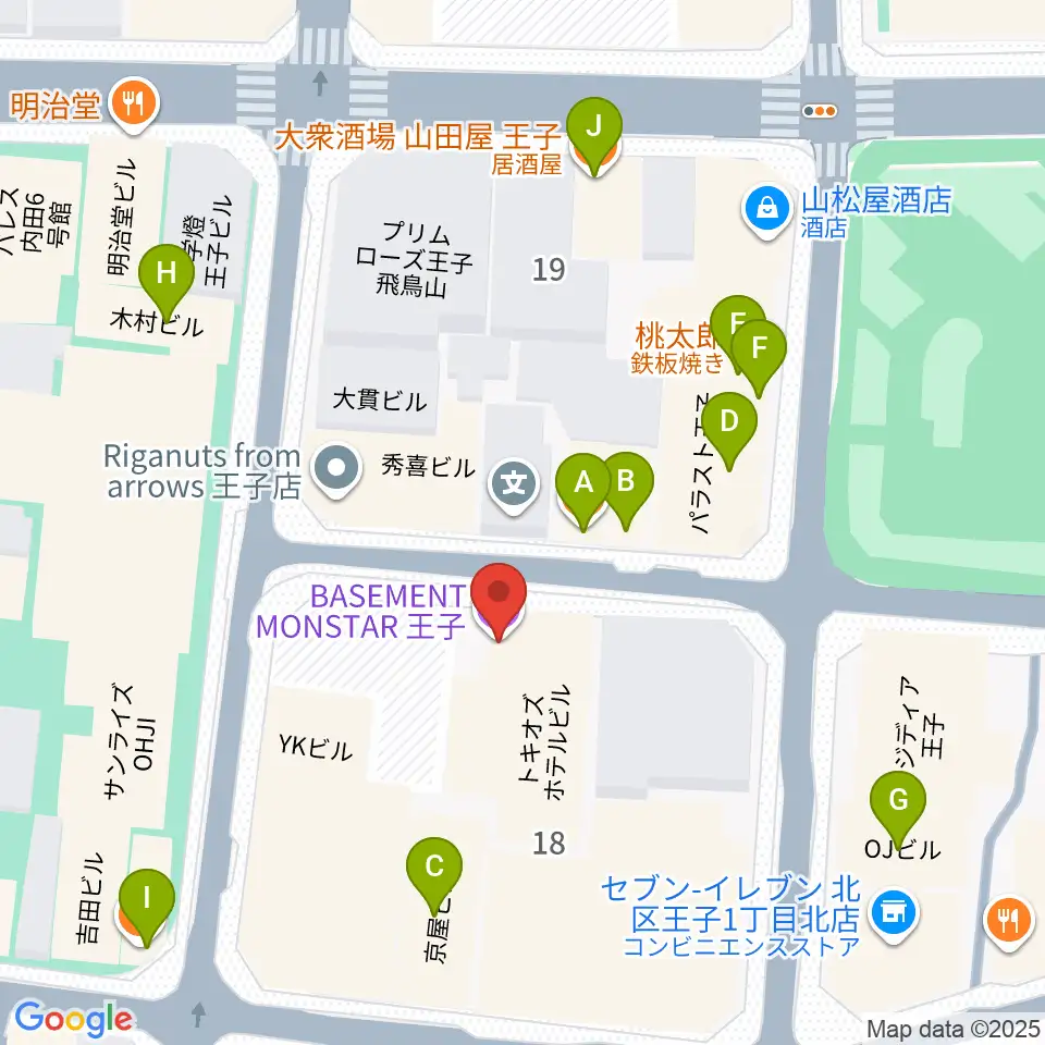 王子ベースメントモンスター周辺のファミレス・ファーストフード一覧地図