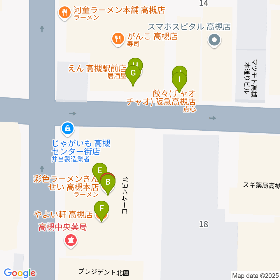 アズイズミュージック高槻店周辺のファミレス・ファーストフード一覧地図