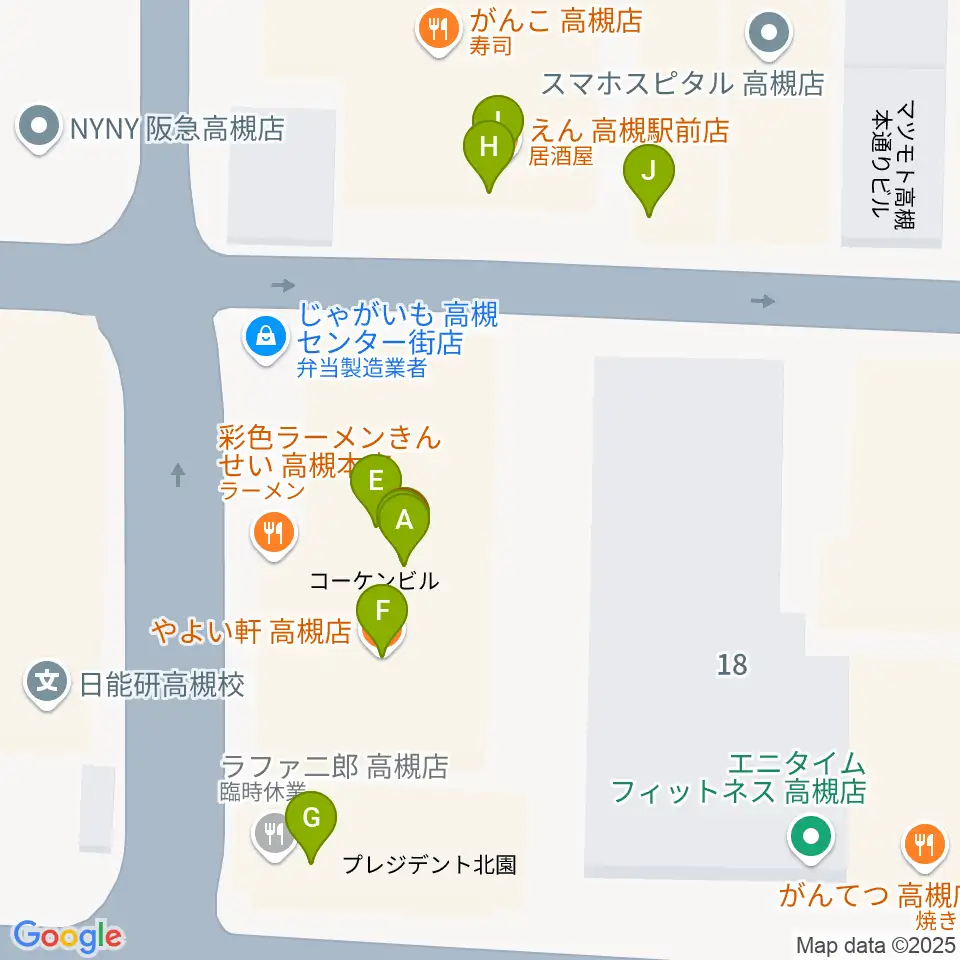 アズイズミュージック高槻店周辺のファミレス・ファーストフード一覧地図