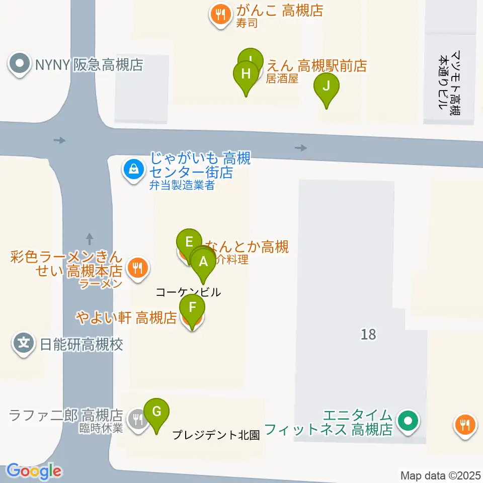 アズイズミュージック高槻店周辺のファミレス・ファーストフード一覧地図