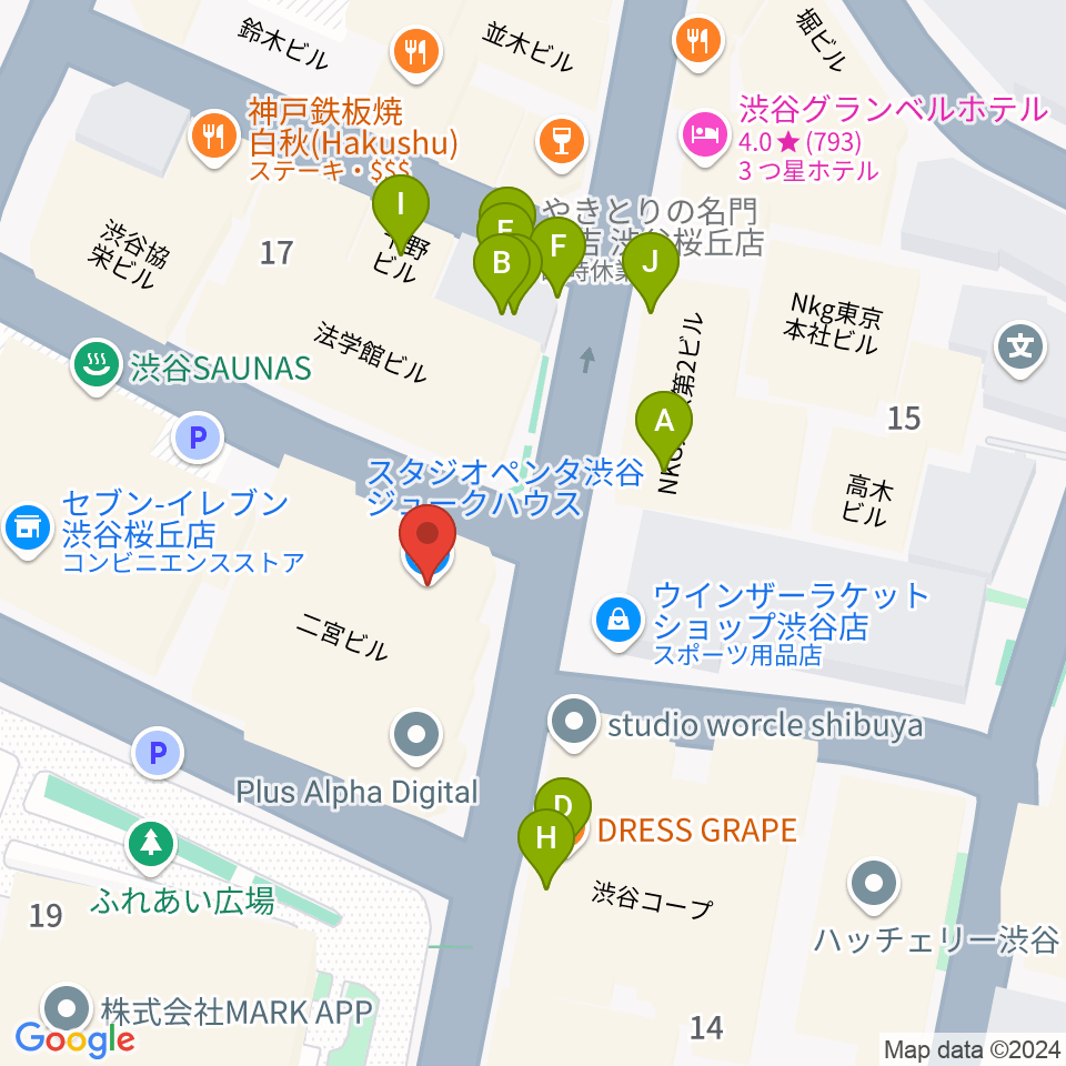 スタジオペンタ渋谷ジュークハウス周辺のファミレス・ファーストフード一覧地図